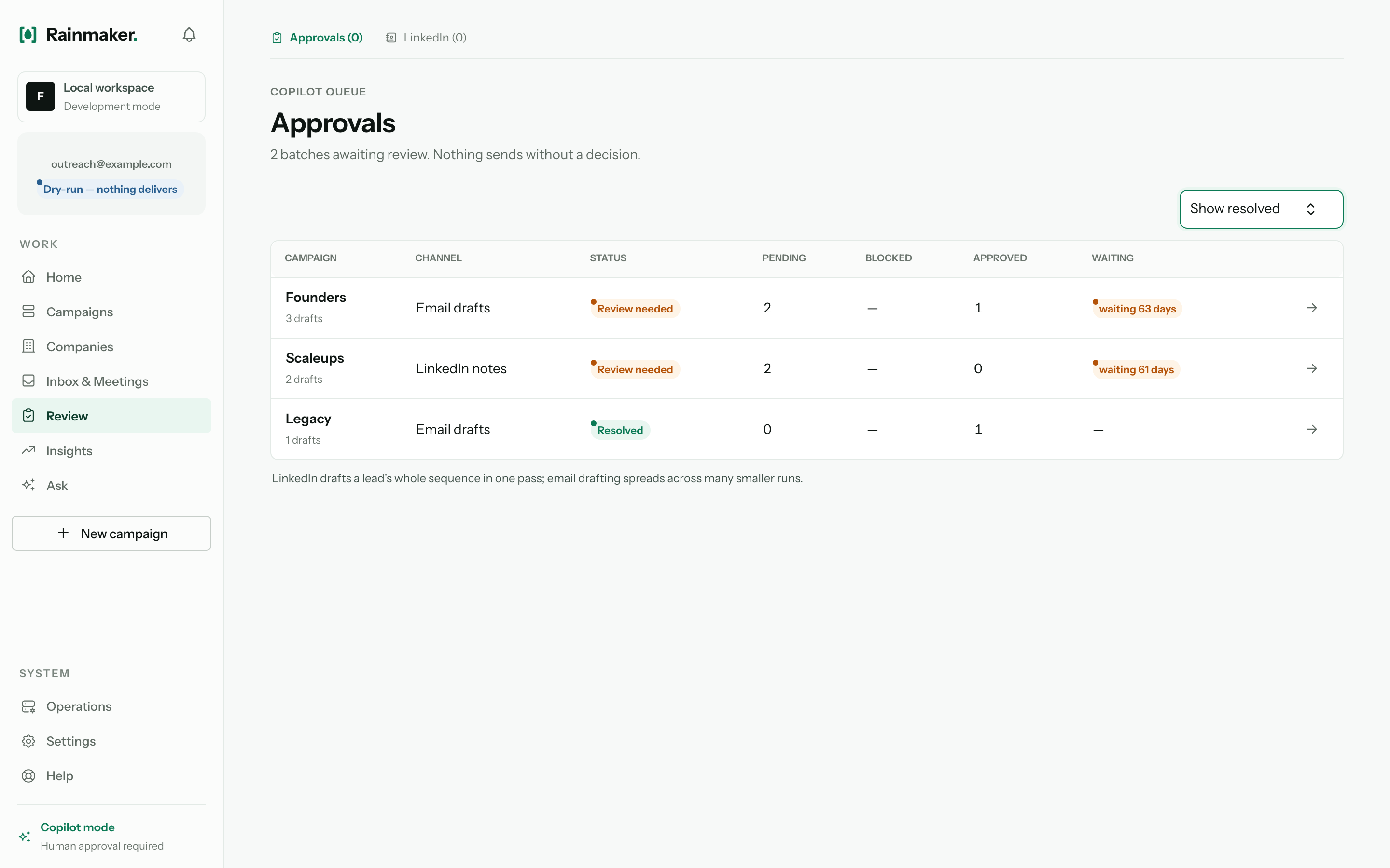 RainMaker approvals queue