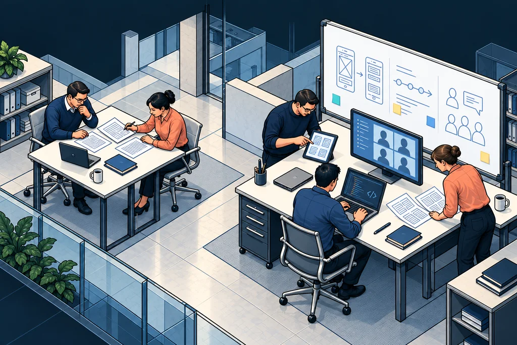 Illustrated investment review on the left; software development, product planning and a customer video call on the right.